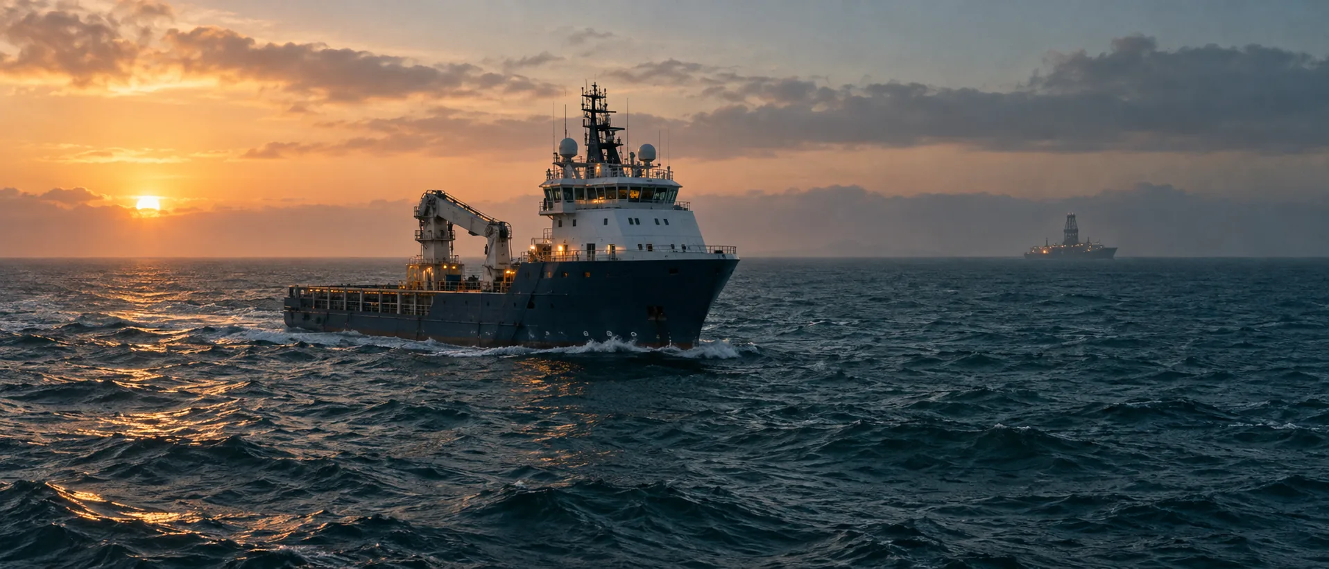 An HEA offshore support vessel underway at sunrise, with a distant vessel silhouette on the horizon